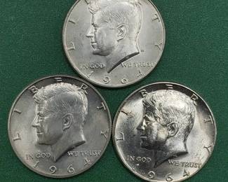 3 1964 Kennedy Half Dollars Brilliant White from Unc Roll 90% Silver