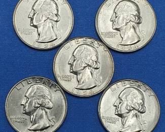 5 90% Silver Brilliant Washington Quarters from BU Rolls