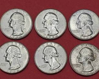 5 90% Silver Brilliant Washington Quarters from BU Rolls