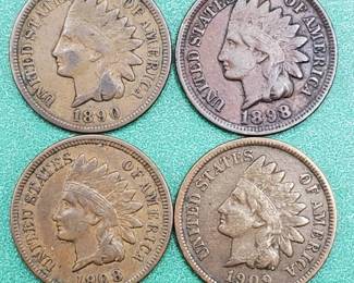 4 Higher Grade Indianhead Cents, 1909. 1908, 1898 & 1890