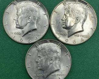 3 1964 Kennedy Half Dollars Brilliant White from Unc Roll 90% Silver