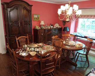 china cabinet, buffet, dining table and chairs, silver tea sets