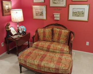 settee with ottoman, L Bewsher watercolors, drop leaf side table