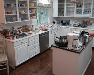 coffee maker, blender, crockpot, hand mixer, Henckels knife, punch bowls set, cookware, corningware, tea sets, tea cups