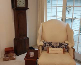 oversize wing back chair, grandfather clock