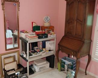 tall secretary, office supplies, framed mirror