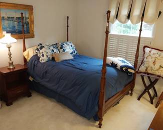 full size 4 poster bed, dresser and side table, painting
