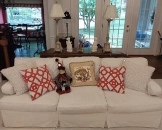 couch, throw pillows, lamps
