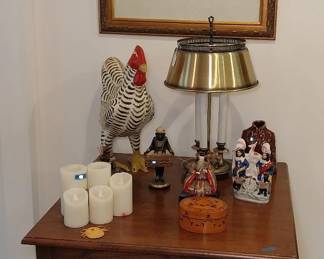 side table, chicken decor, wire baskets