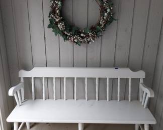 white painted bench, wreath