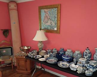 blue and white pottery, silver punch bowl set, painting, area rug