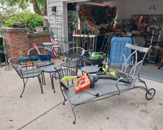 Woodard garden cart, patio chairs, Ryobi 18v weed whip, B&D leaf blower, lawn tools, lawn chemicals, planters, cement statuary, lawn décor, folding rocking chair