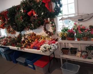 silk flowers, wreathes, planters, pottery, totes