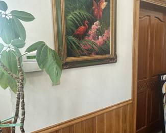 Vintage painting oil on canvas pink South American birds