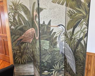 4 panel hand painted screen of flamingo and great blue heron