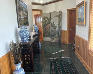 Early 19 th century Chinese altar table with pair of blue and white urns on stands
And pair of blue and white urns with willow