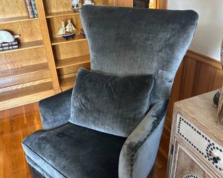 Pair of grey Bradington and Young wing back chairs