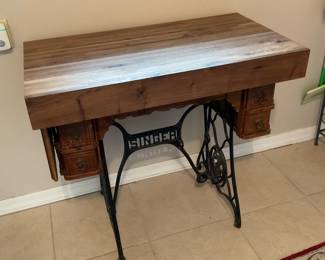 Antique Singer Sewing Machine Table Base with Butcher Block Top