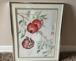 Framed Watercolor Painting of Pomegranates