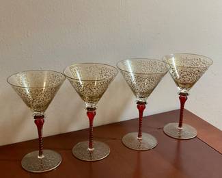 Set of 4 Red and Gold-Flecked Martini Glasses