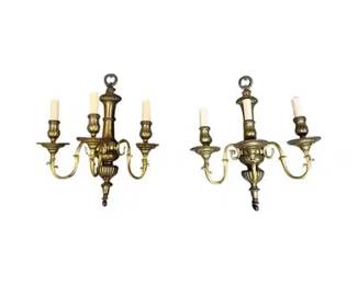 Three Arm Brass Wall Sconces from EF Caldwell, Pair