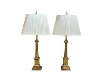 Neoclassical Brass Table Lamps with String Shades, Pair