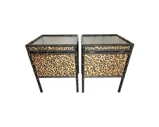 Faux Bamboo and Leopard Print Storage Side Tables, Pair
