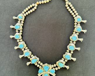 Turquoise and sterling silver Squash Blossom necklace, signed M. Davis (Mark Davis)