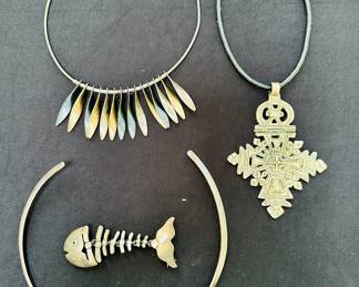Sterling silver chokers, brooches, and pendants, including Hans Hansen (upper L)