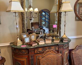 Buffet pictured is not for sale but the very nice large vintage gold mirror and everything on top is!