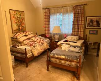 Pair of 1960s maple twin beds with mattresses custom bedding with matching drapes
