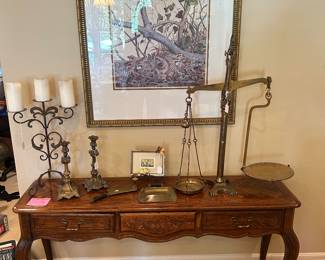 Solid oak French provincial sofa table with three drawers