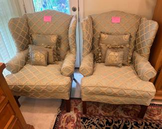 Pair of custom powder blue wing chairs