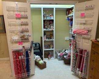 Alpha door shelves, wrapping paper Christmas supplies and wrapping paper