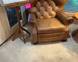 Oak book stand and leather chair