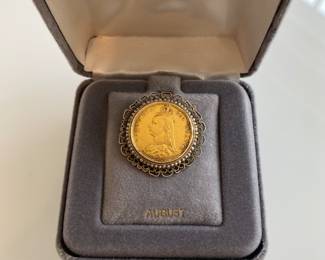 1892 Queen Victoria 22K Gold Sovereign Coin Encased in 14K Gold Pin