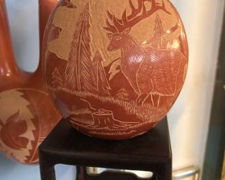 Gwen Tafoya, Santa Clara etched & inscised, red pottery jar 4.5” w x 4 3/4 h