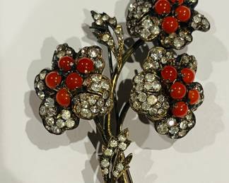 Natural coral and silver paste trembler pin ca 1940s