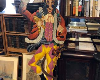 Hand painted harlequin monkey, musical instrument-missing neck piece