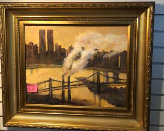 Oil painting the Twin Towers, Hudson River, bridges, smokestacks etc. NYC