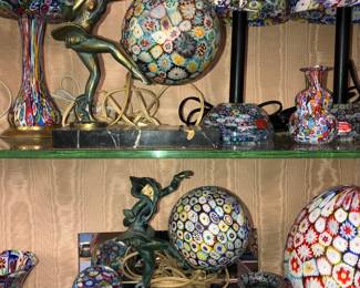 2 Ignacio Gallo or Gerdago, Art Deco-Millefiori-Murano Glass, “Danseuse Des Indies”, Pixie, Harlequin lamps.
