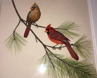 Ann Blechstein, Wellfleet Cape Cod, opaque watercolor pair of Cardinals