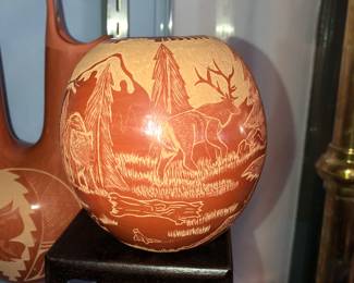 Gwen Tafoya, Santa Clara etched & inscised, red pottery jar other side
