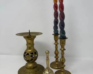 31 BrassCandlesticksWithTwistedTapersandBell