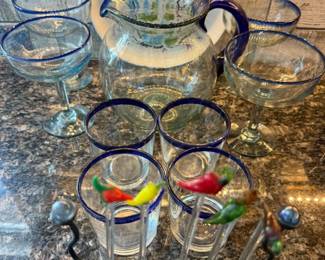 203 BlownGlassMargaritaSetOldFashionsStirSticks