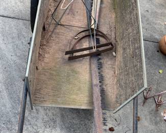 Wooden Cart, yard tools, large saw