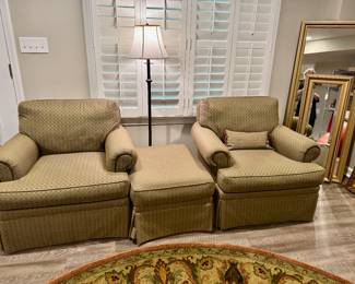 Pair club chairs and ottomans