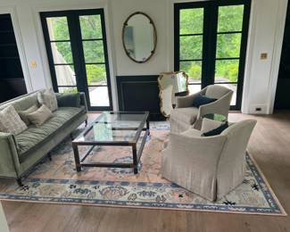 One Kings Lane Green Sofa + Serena & Lily Swivel Chairs