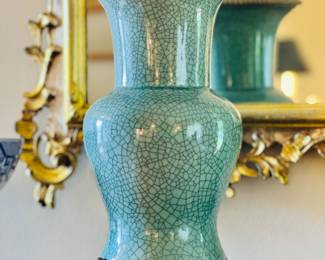 Vintage Chinese Celedon Green Crackle Glazed Vase