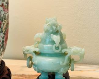 Small CHINESE CARVED GREEN JADE/HARDSTONE INCENSE BURNER WITH WOODEN BASE